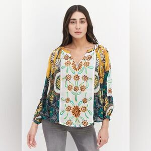KAS WOMENS FLORAL EMBROIDERED‎ PULLOVER TUNIC TOP IN YELLOW Size Small